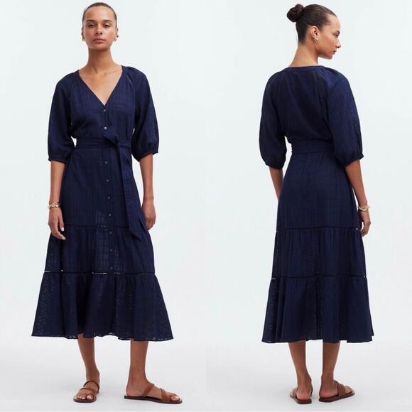 madewell tie-waist tiered midi dress in windowpane navy ns139 women size 8 - Picture 1 of 7